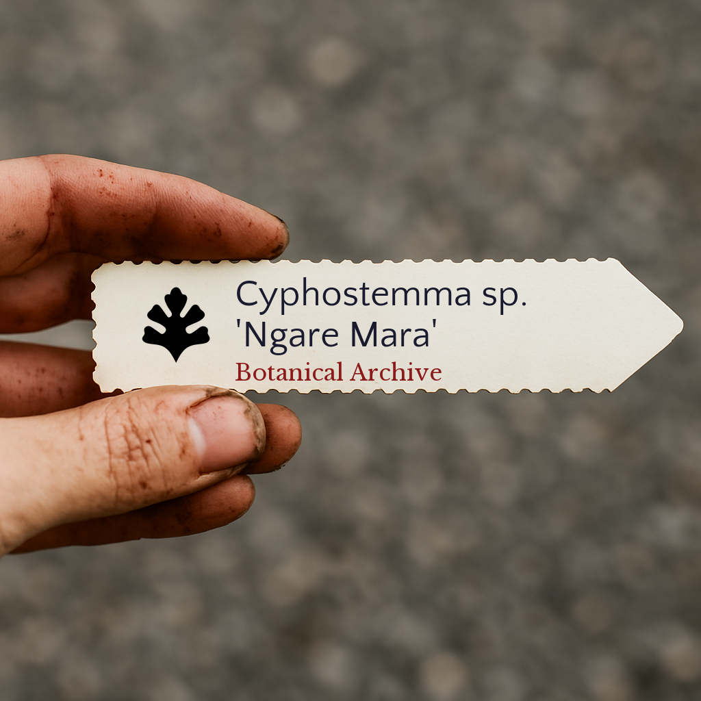 Etichetta della pianta stampata per Cyphostemma sp. 'Ngare Mara' tenuta in mano con sfondo di terra