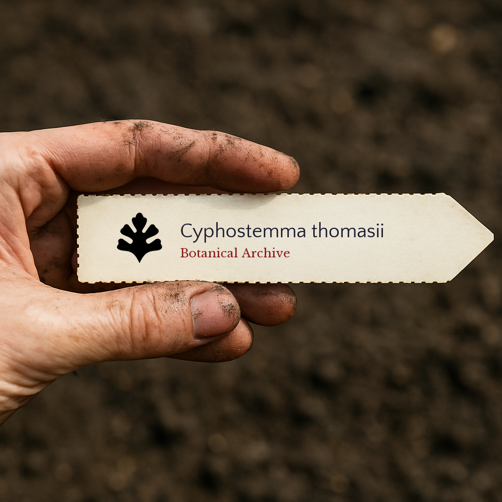 Etichetta della pianta stampata per Cyphostemma thomasii tenuta da una mano sporca su sfondo di terreno