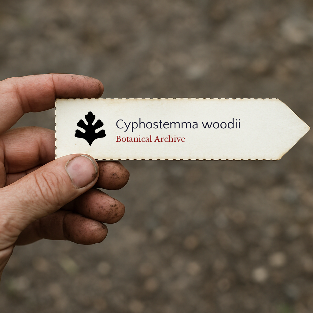 Printed plant label for Cyphostemma woodii held by hand with soil background