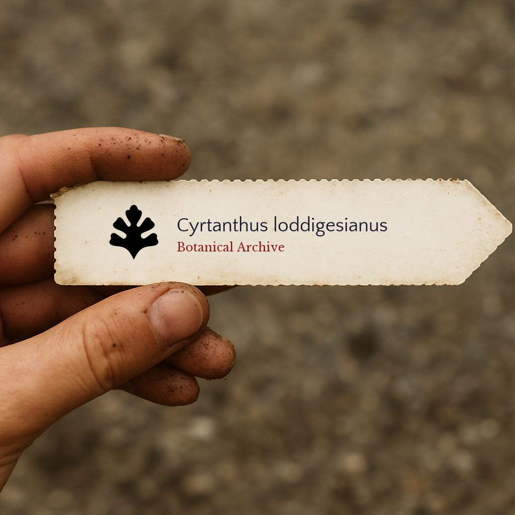 Printed plant label for Cyrtanthus loddigesianus held by dirty hand outdoors
