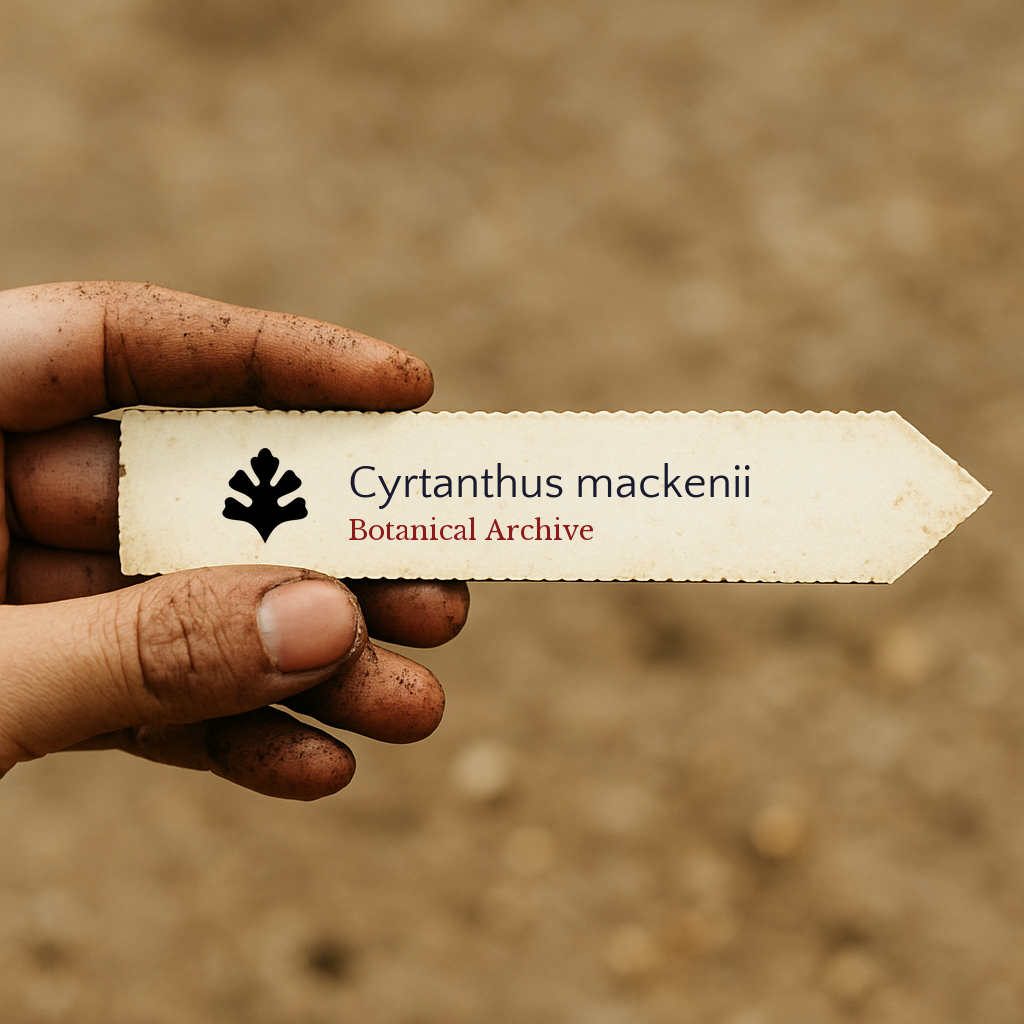 Printed plant label for Cyrtanthus mackenii held by dirty hand against soil background