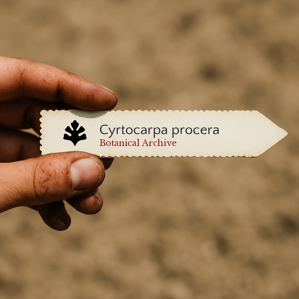 Printed plant label for Cyrtocarpa procera held by hand with soil background