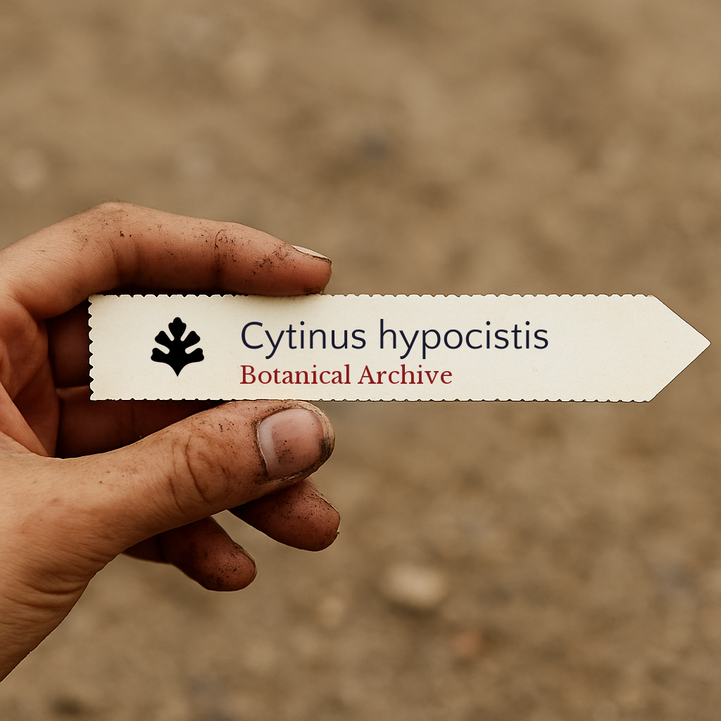 Printed plant label for Cytinus hypocistis held by hand with soil background