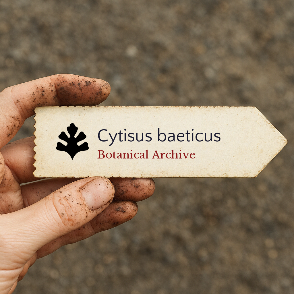 Printed plant label for Cytisus baeticus held by dirty hand outdoors