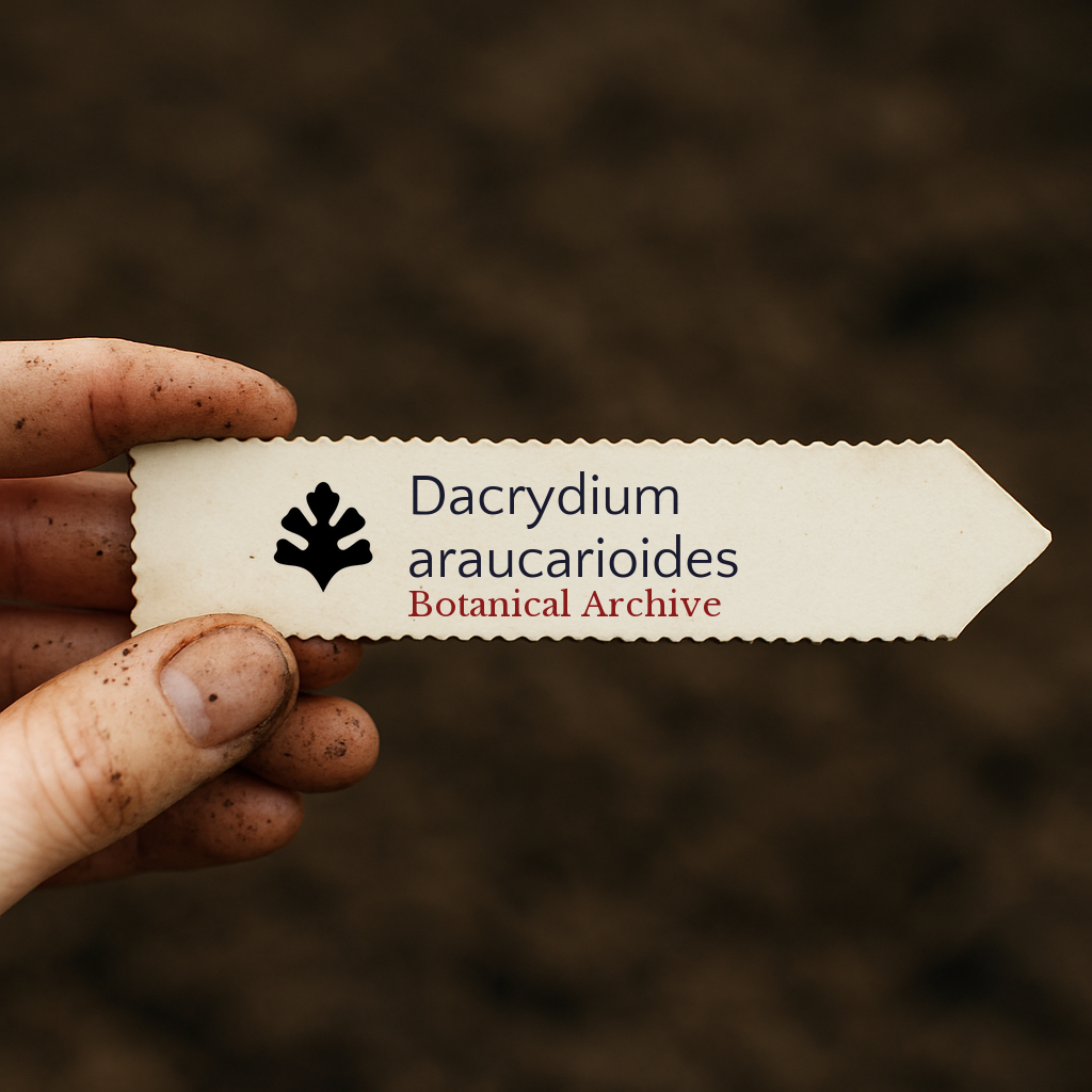 Printed plant label for Dacrydium araucarioides held by hand with soil background