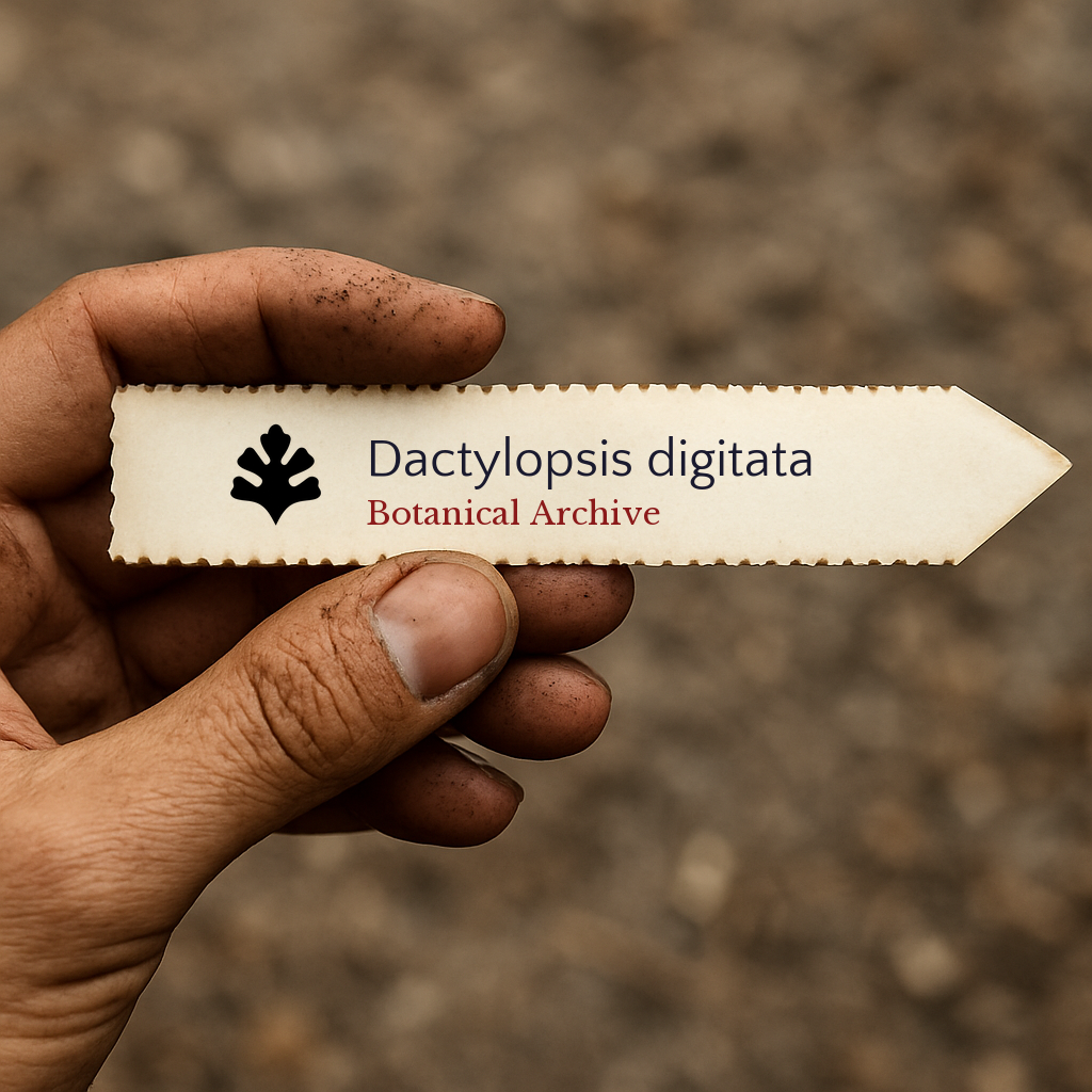 Etichetta per piante stampata per Dactylopsis digitata tenuta a mano con sfondo di terreno