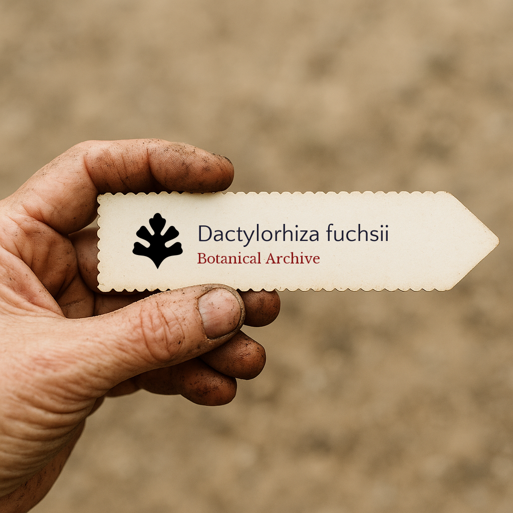 Etichetta per piante stampata per Dactylorhiza fuchsii tenuta da una mano sporca all'aperto