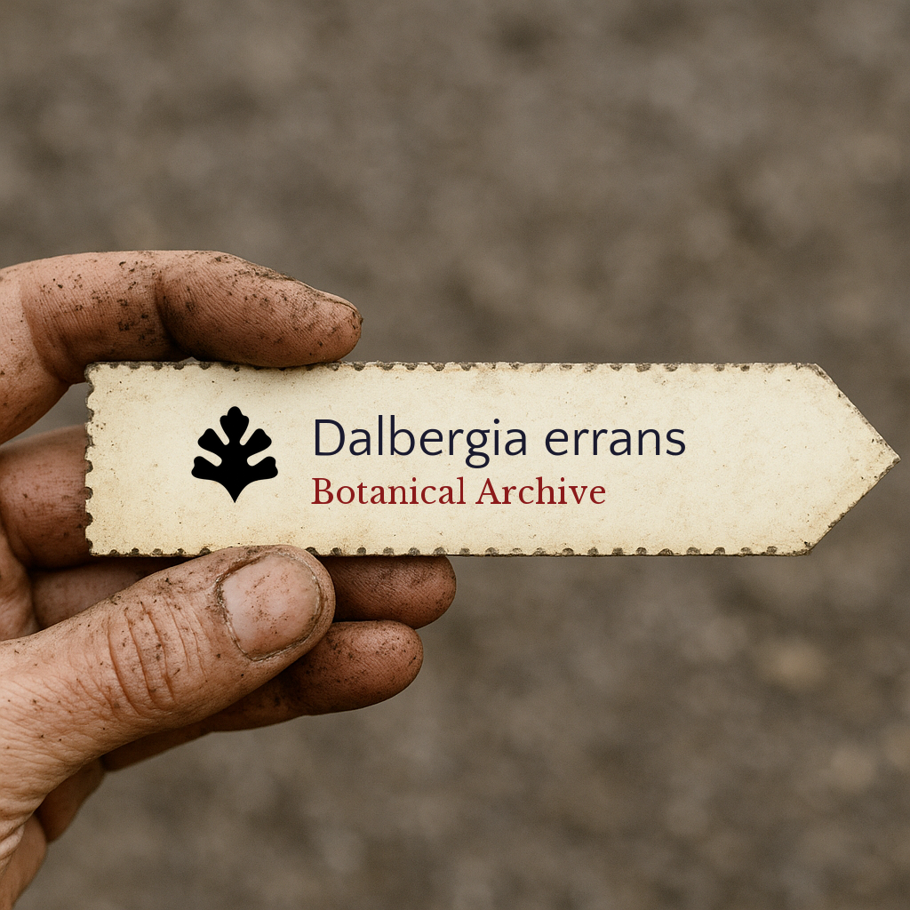 Printed plant label for Dalbergia errans held by dirty hand against soil background