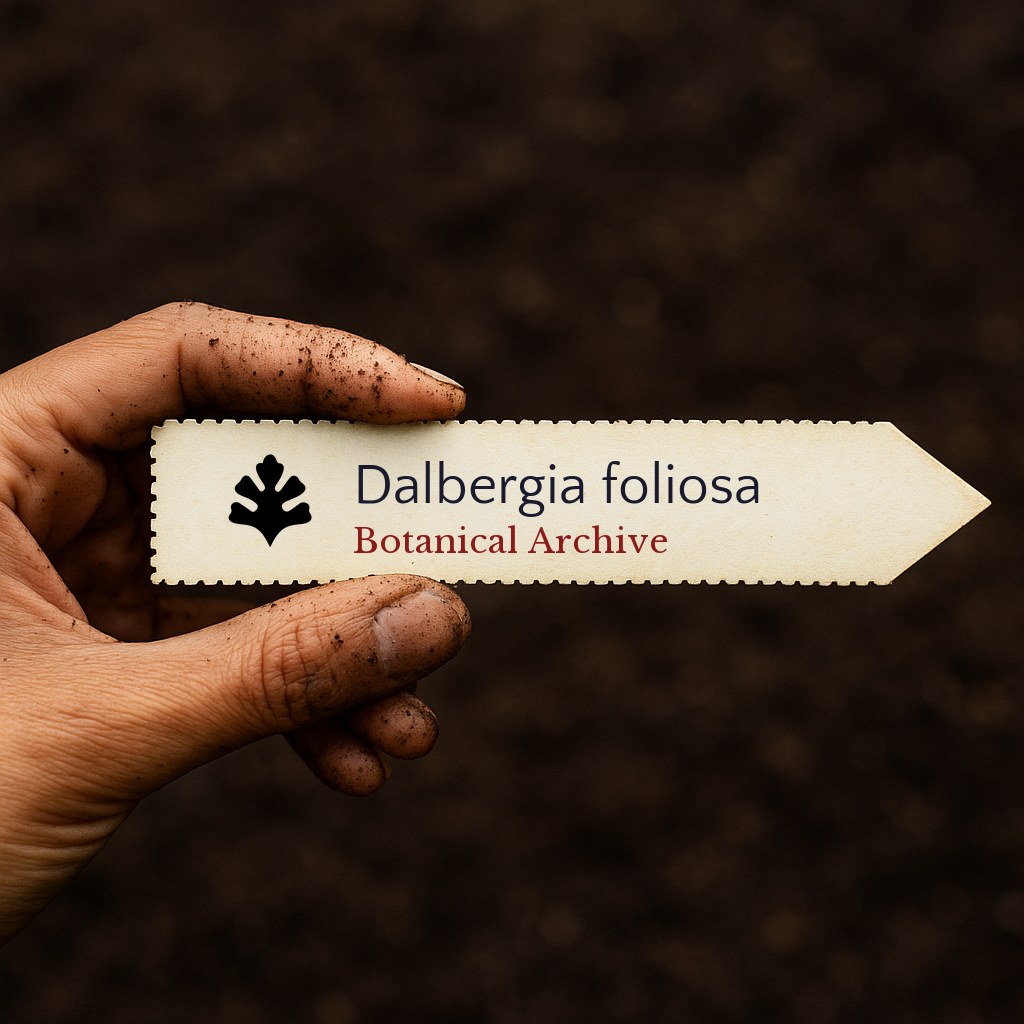 Printed plant label for Dalbergia foliosa held by hand with soil background