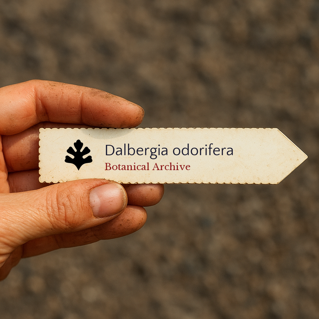 Printed plant label for Dalbergia odorifera held by hand with dirt background