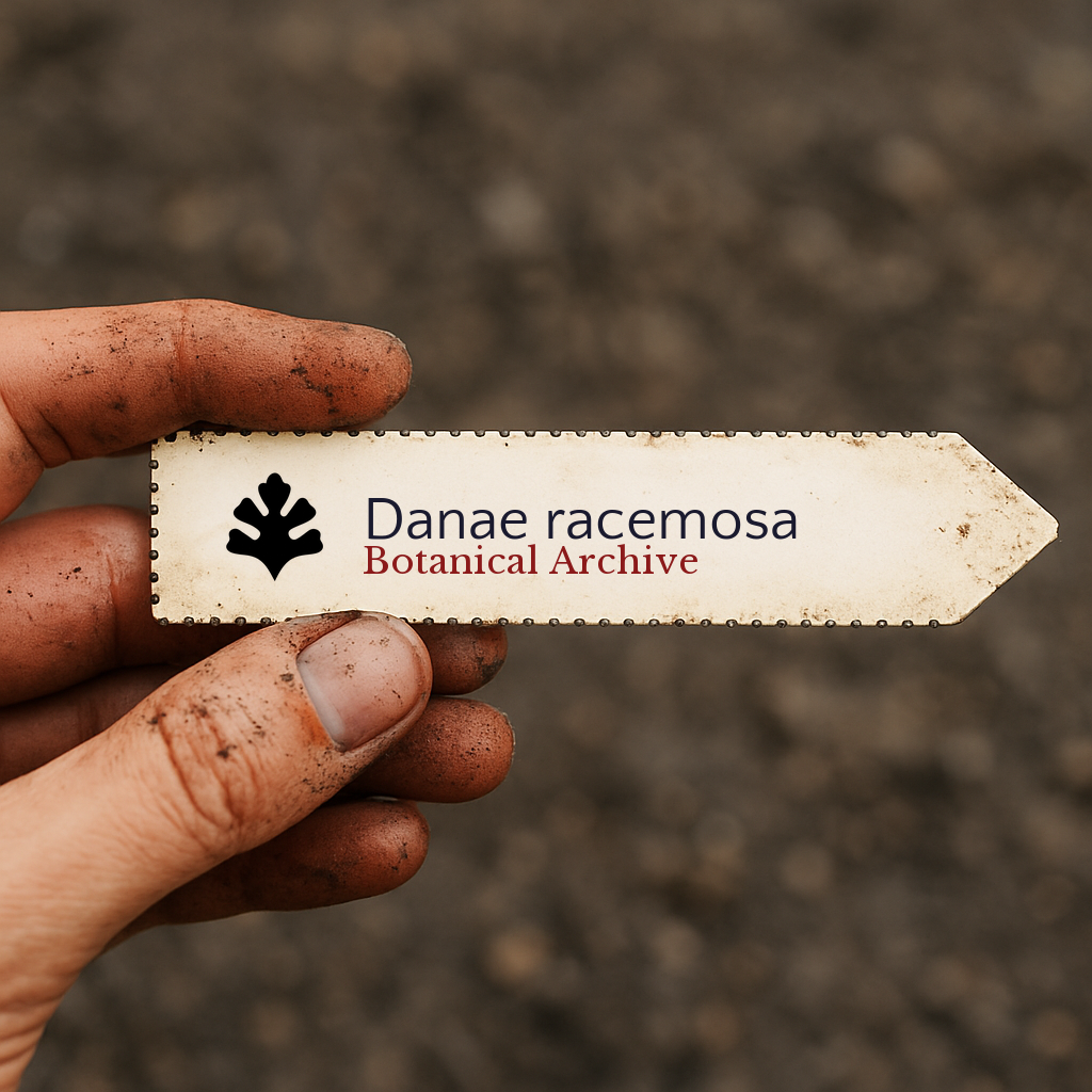 Printed plant label for Danae racemosa held by dirty hand against soil background