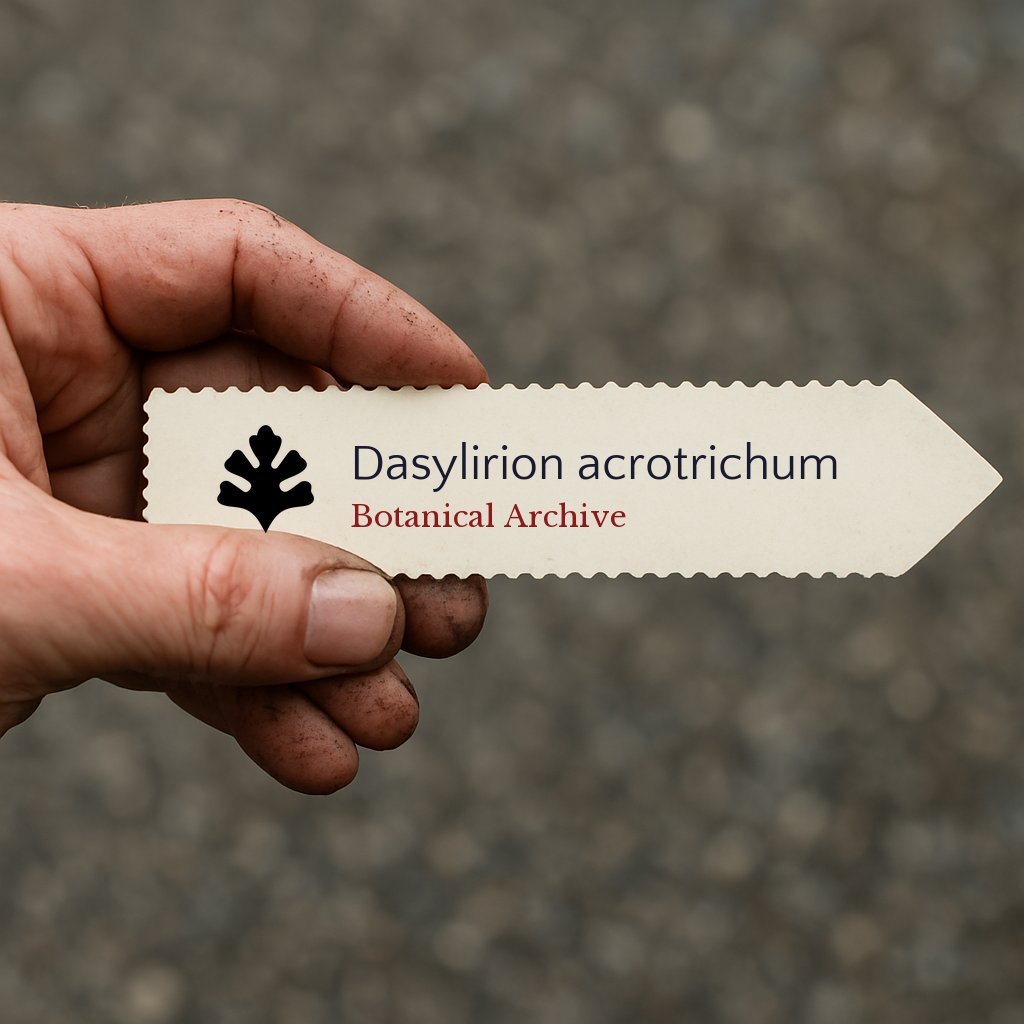 Printed plant label for Dasylirion acrotrichum held by hand with dirt background