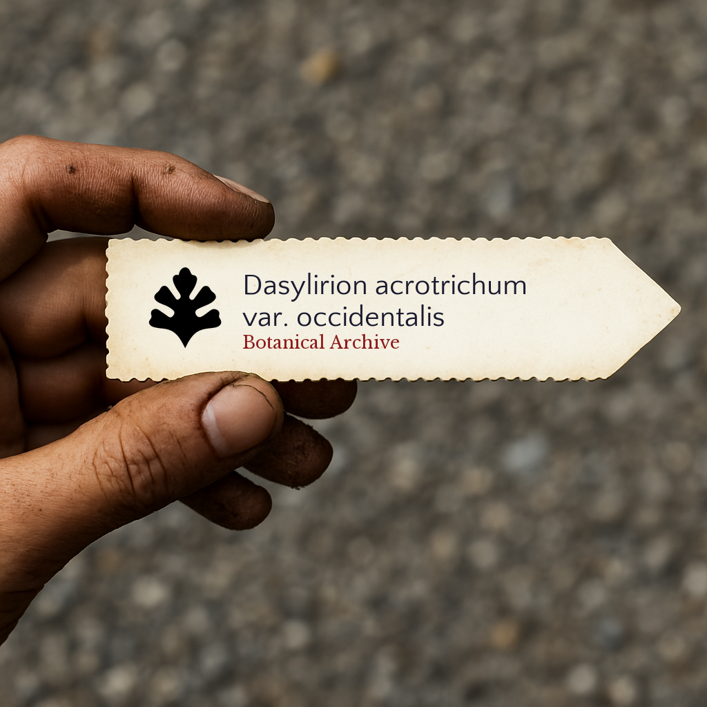 Printed plant label for Dasylirion acrotrichum var. occidentalis held by hand