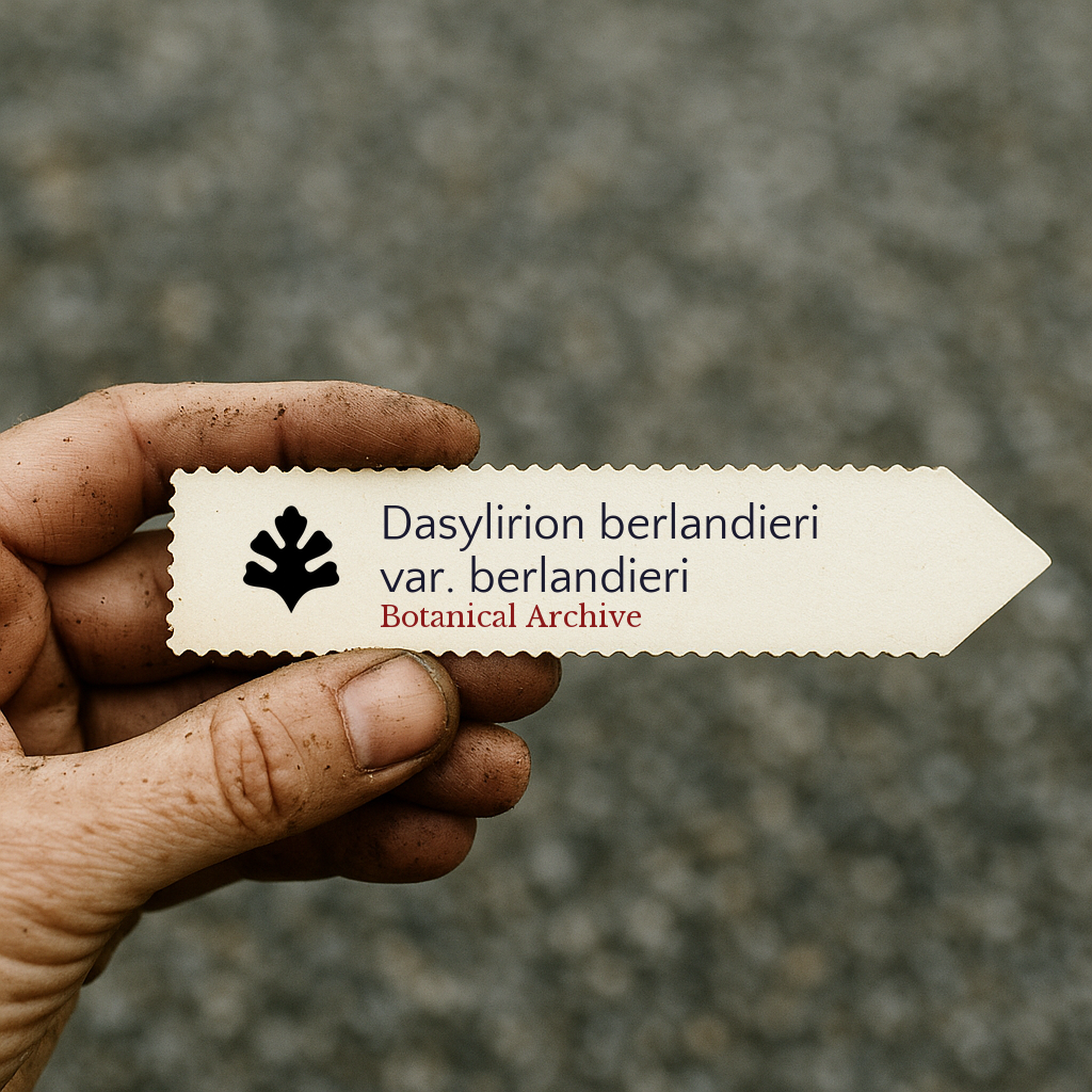 Etichetta per pianta stampata per Dasylirion berlandieri var. berlandieri tenuta a mano con terra