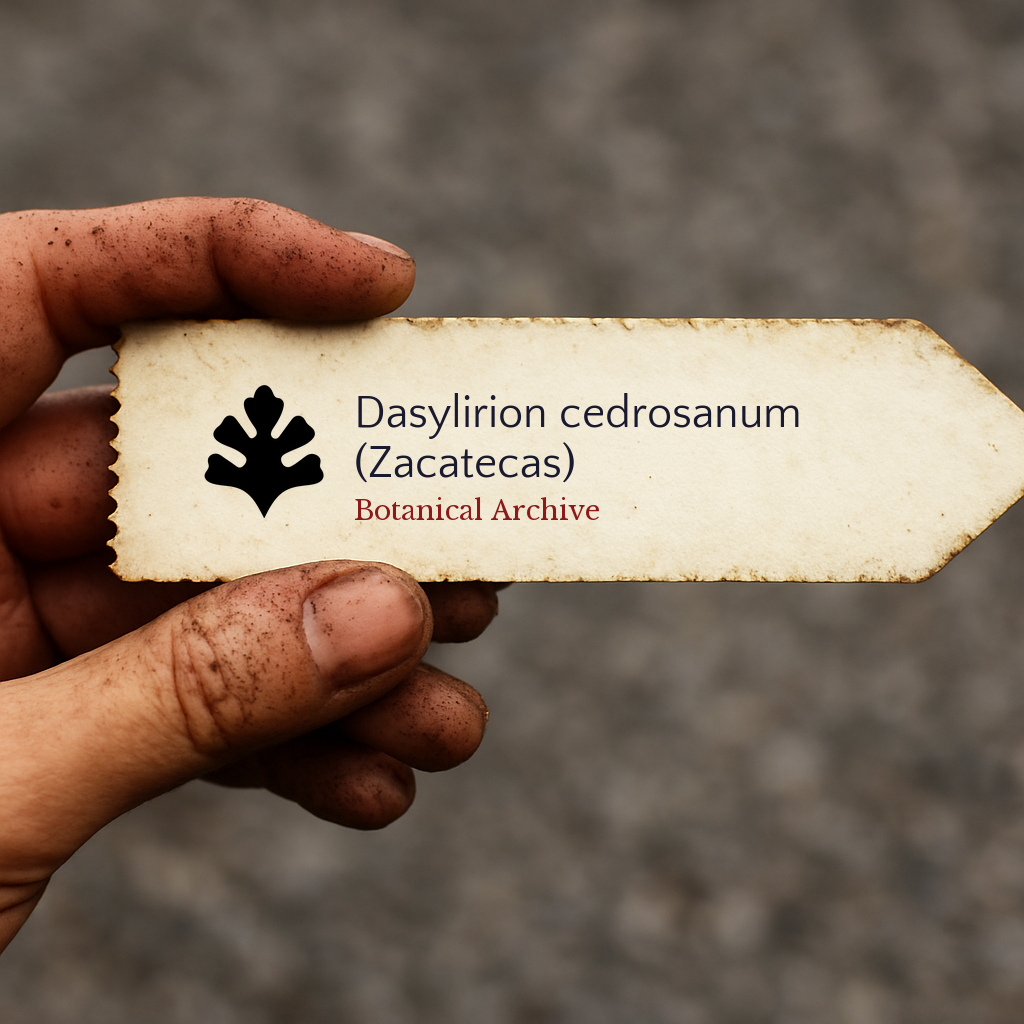 Etichetta botanica d'archivio vintage per Dasylirion cedrosanum (Zacatecas) tenuta da una mano sporca