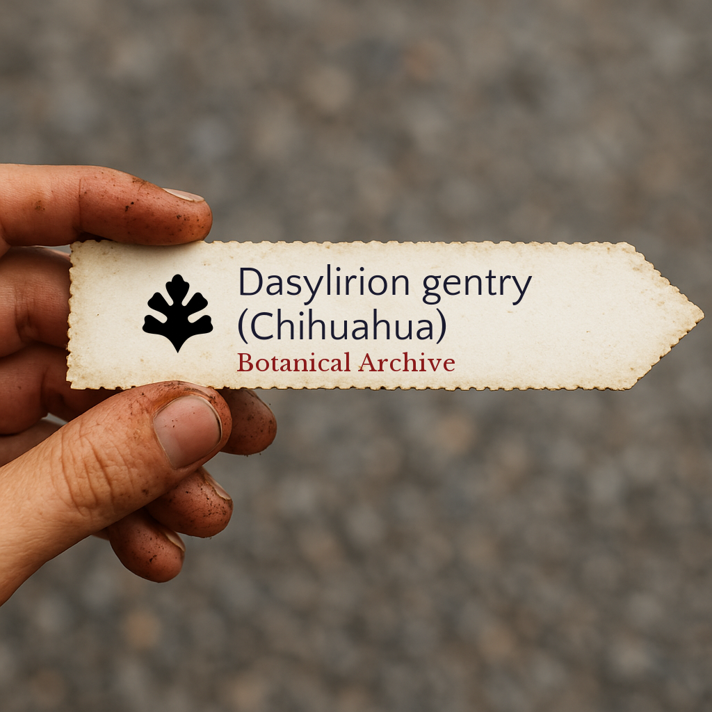 Etichetta da pianta stampata per Dasylirion gentry (Chihuahua) tenuta a mano con sfondo di terra