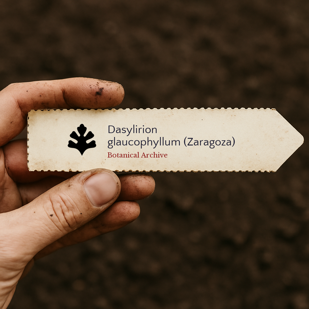 Printed plant label for Dasylirion glaucophyllum (Zaragoza) held over soil background