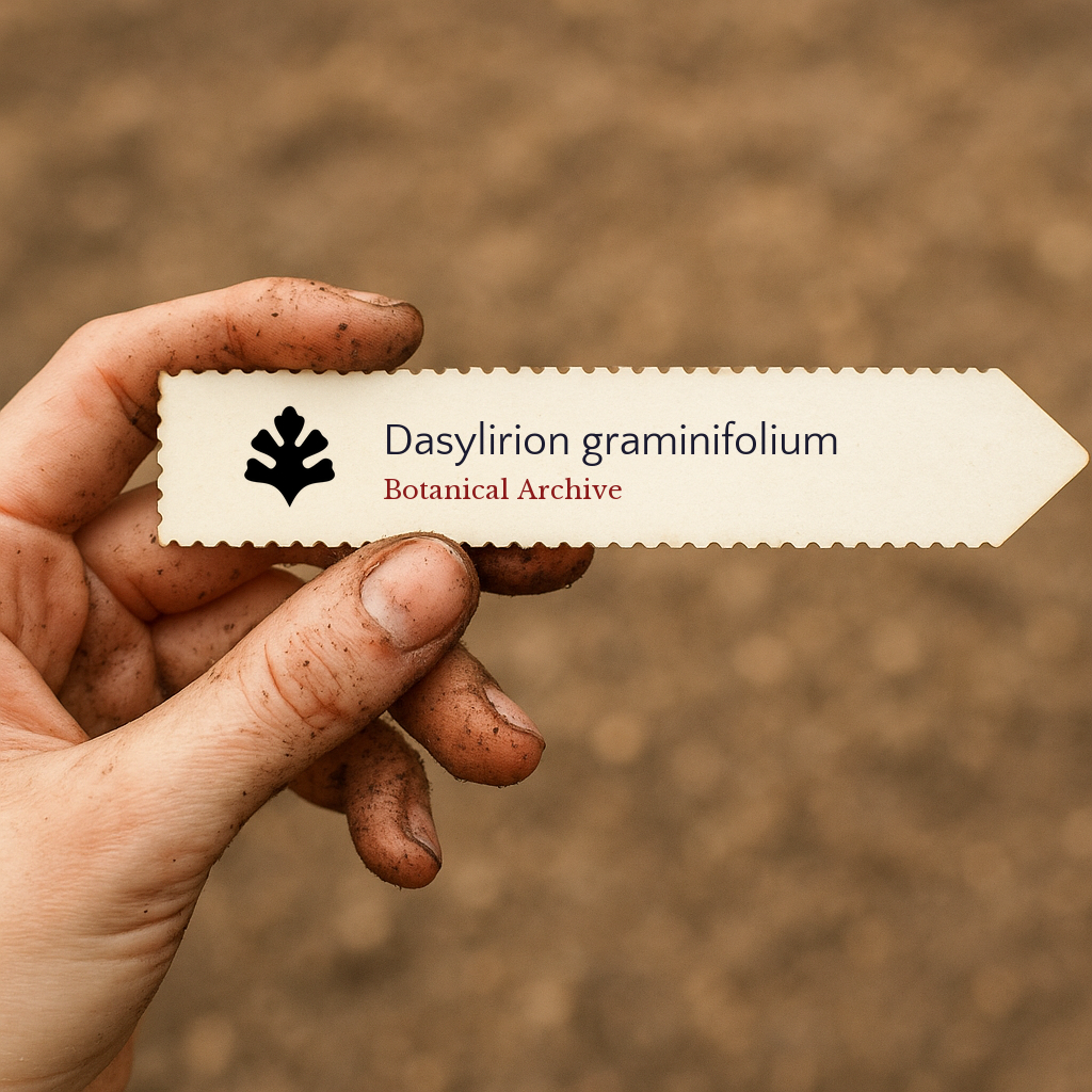 Printed plant label for Dasylirion graminifolium held by a dirt-covered hand outdoors
