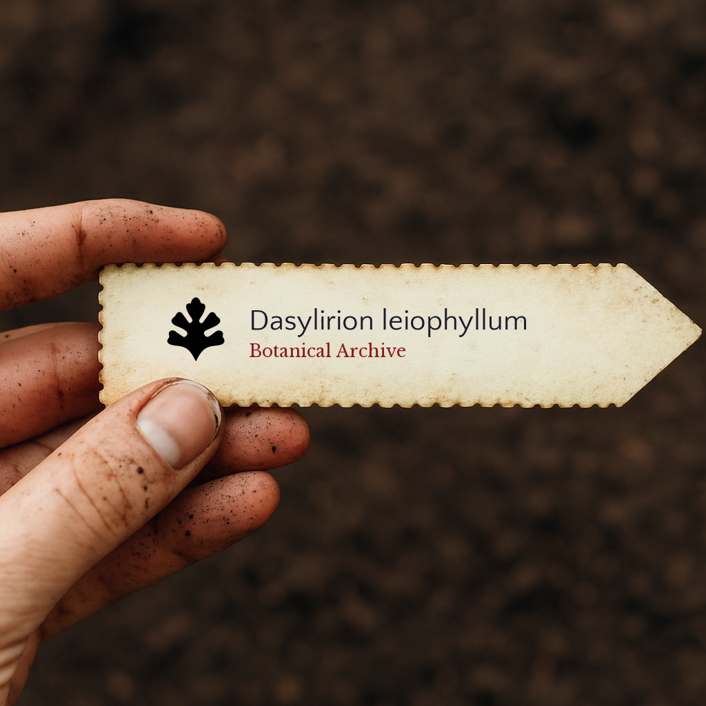 Printed plant label for Dasylirion leiophyllum held by dirty hand over soil background