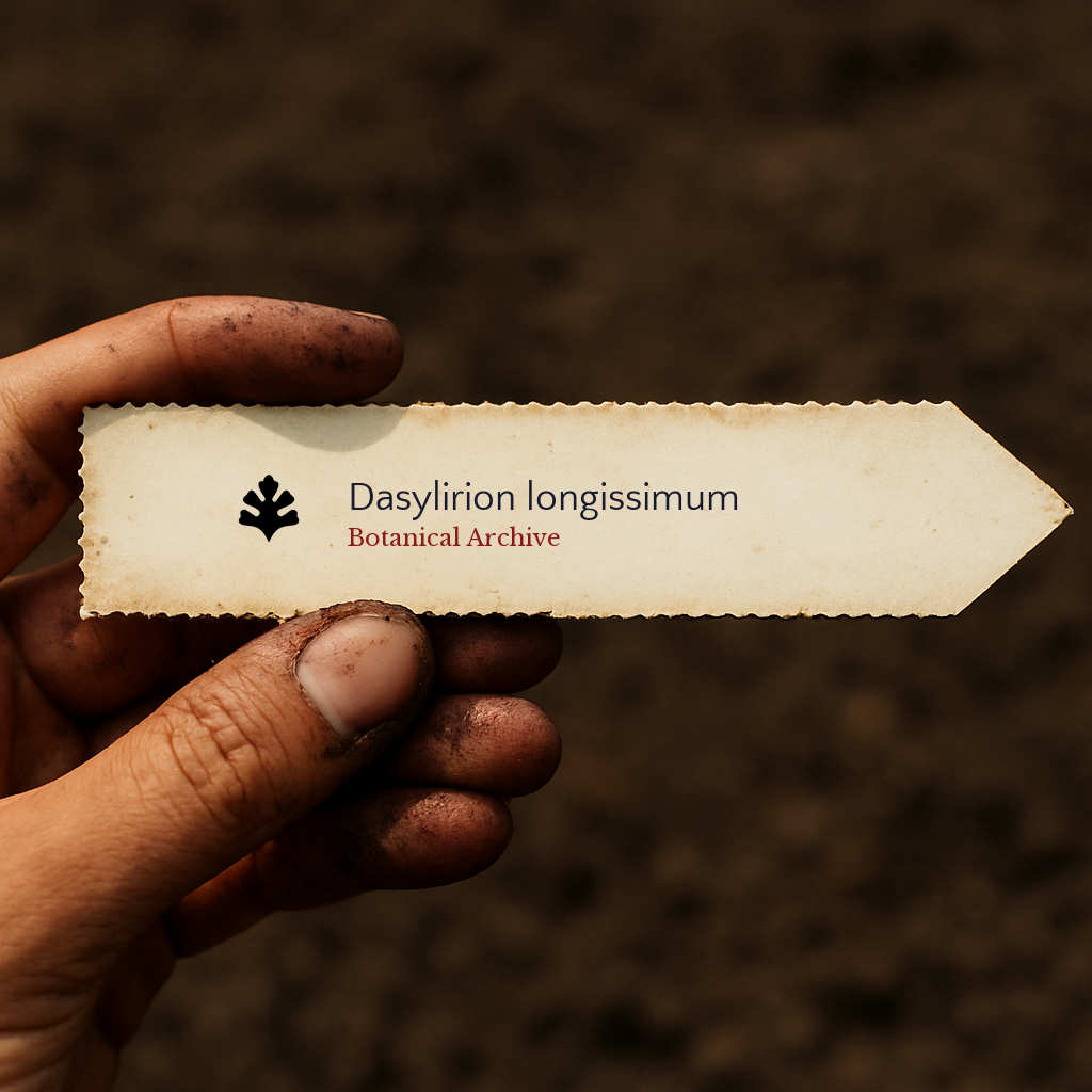 Printed plant label for Dasylirion longissimum held by dirty hand against soil background