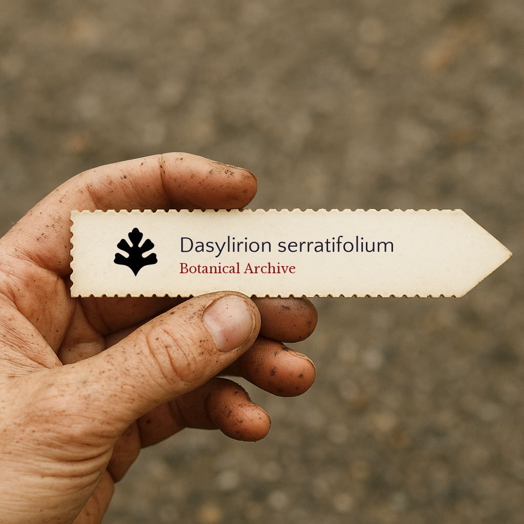 Printed plant label for Dasylirion serratifolium held by dirty hand outdoors