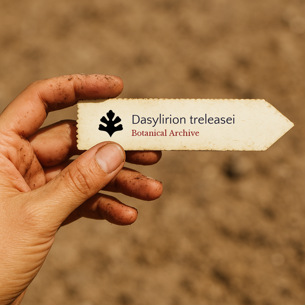 Printed plant label for Dasylirion treleasei held by dirty hand outdoors