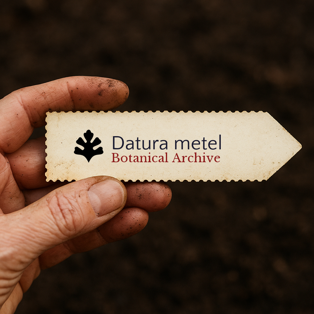 Printed plant label for Datura metel held by dirty hand over soil background