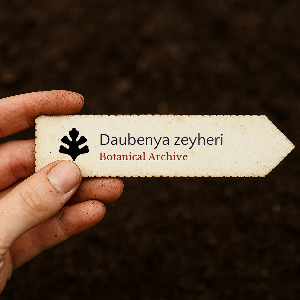 Printed plant label for Daubenya zeyheri held by hand over soil background