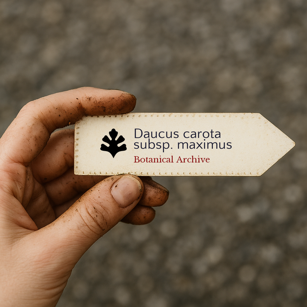 Printed plant label for Daucus carota subsp. maximus held by dirty hand outdoors