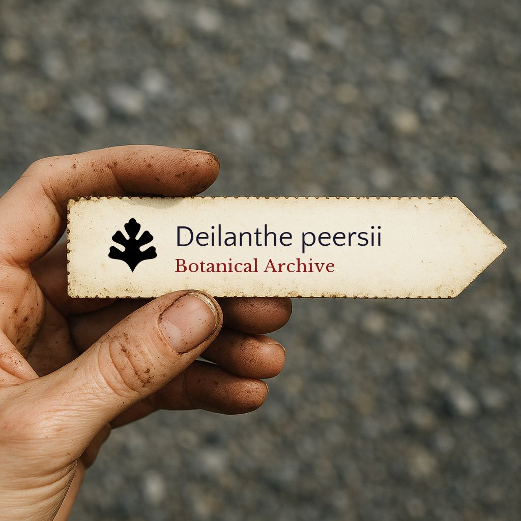 Printed plant label for Deilanthe peersii held in dirty hand outdoors