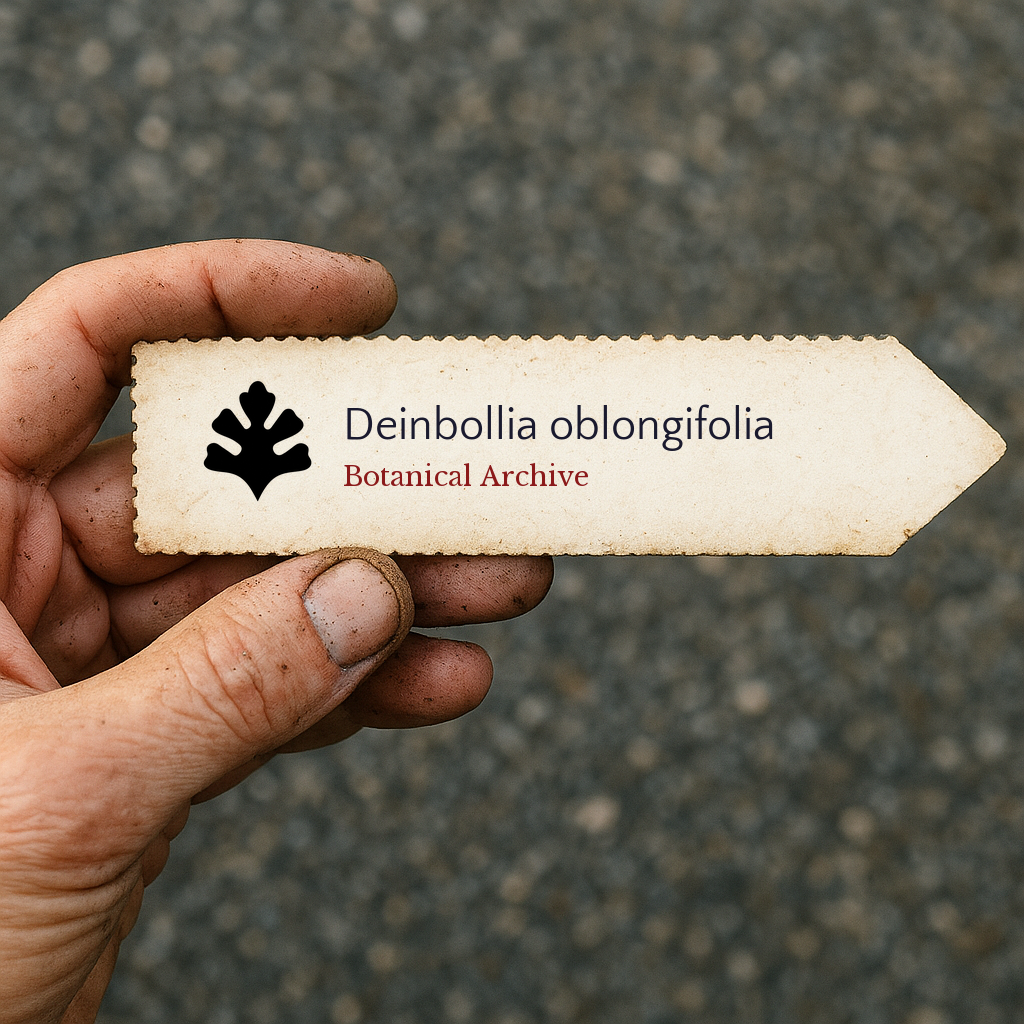 Printed plant label for Deinbollia oblongifolia held by dirty hand outdoors