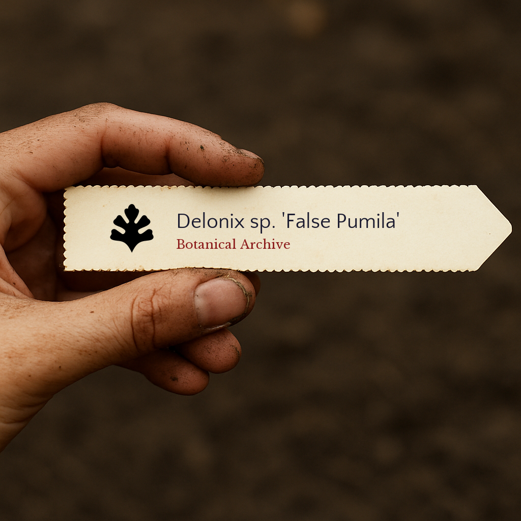 Printed plant label for Delonix sp. 'False Pumila' held by hand with soil background