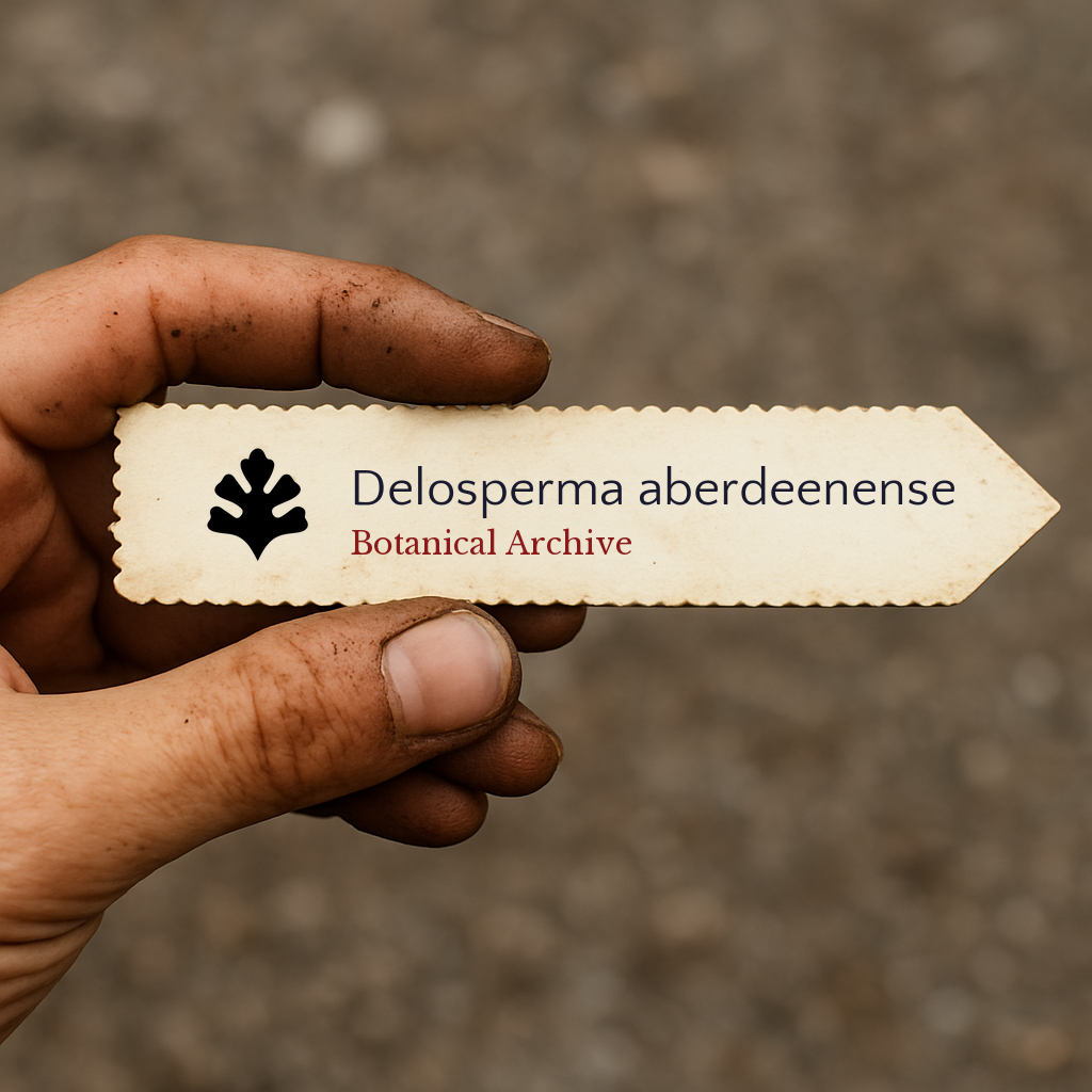 Printed plant label for Delosperma aberdeenense held by a dirt-stained hand
