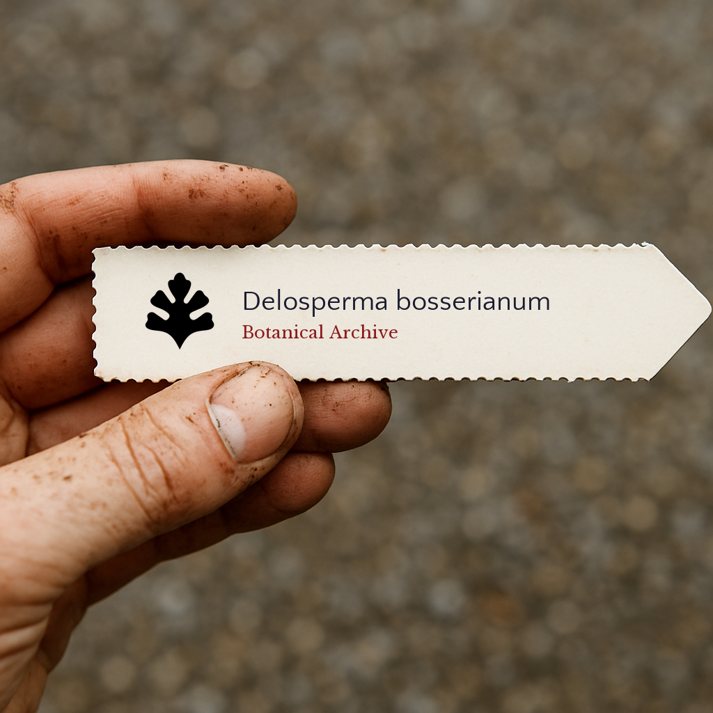 Printed plant label for Delosperma bosserianum held by hand with dirt background