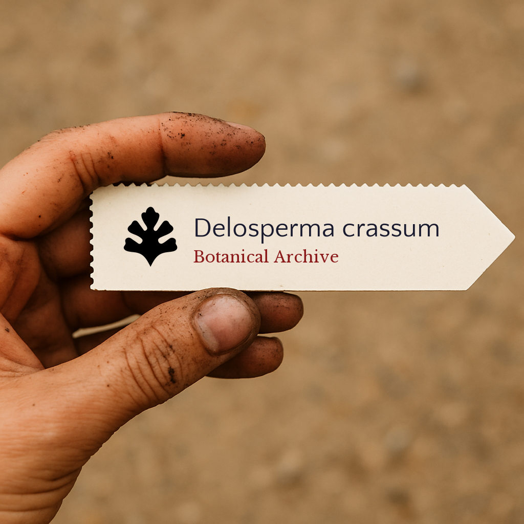 Printed plant label for Delosperma crassum held by dirty hand with blurred soil background