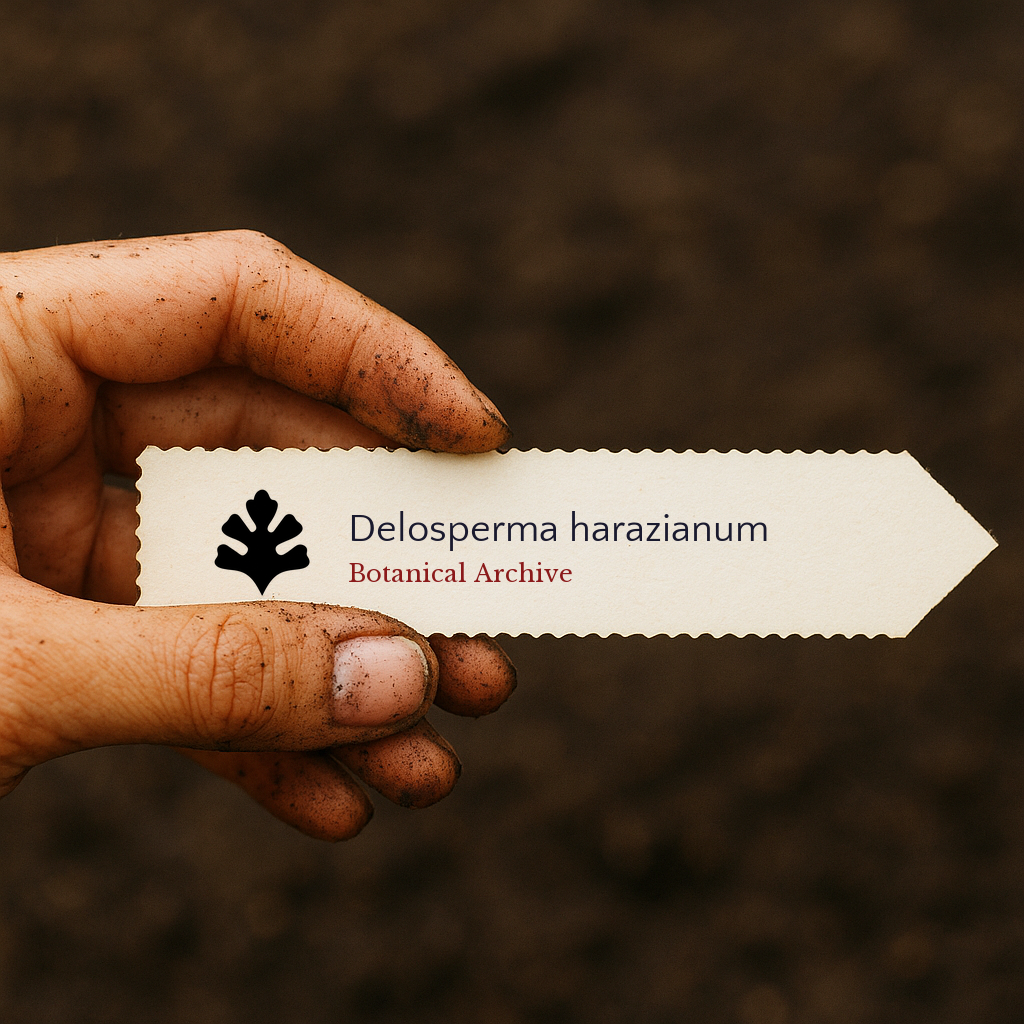 Printed plant label for Delosperma harazianum held by dirt-covered hand over soil background