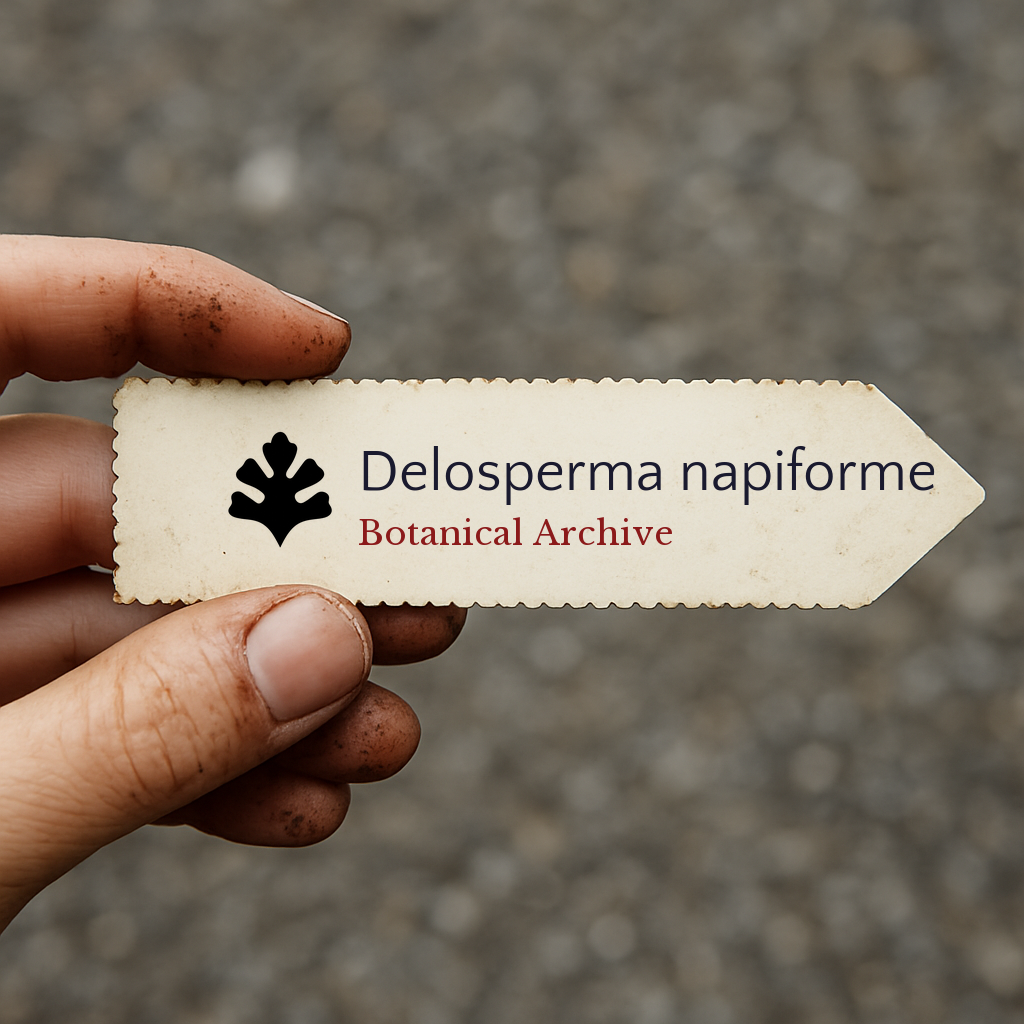 Etichetta stampata per pianta Delosperma napiforme tenuta da mano sporca all'aperto