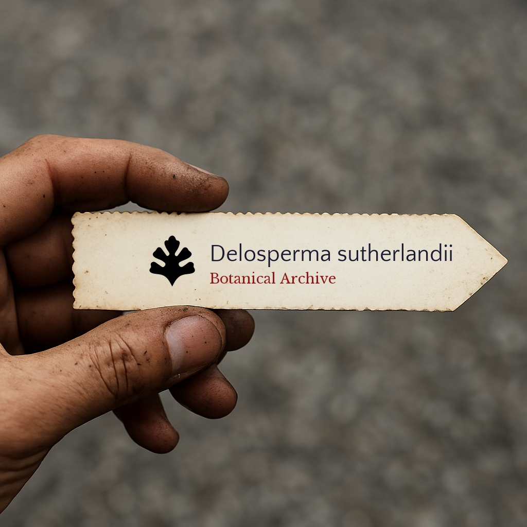Etichetta per pianta stampata per Delosperma sutherlandii tenuta in mano con sfondo di terra