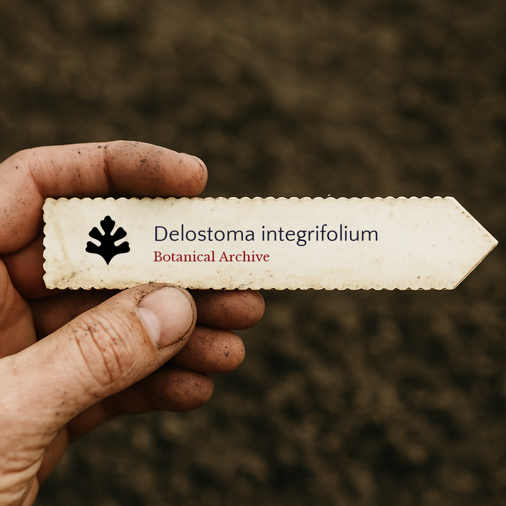 Printed plant label for Delostoma integrifolium held by dirty hand over soil background