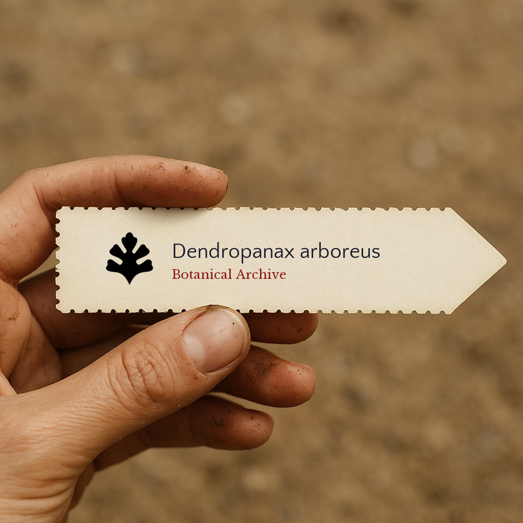Printed plant label for Dendropanax arboreus held by dirty hand outdoors