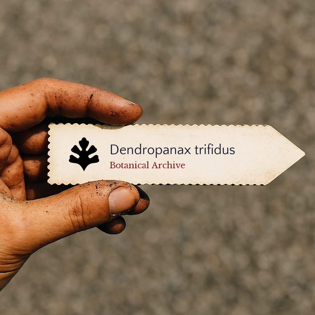 Etichetta vegetale stampata per Dendropanax trifidus tenuta da una mano sporca all'aperto