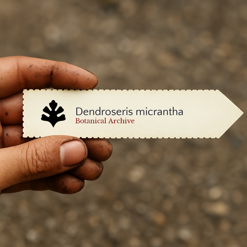 Printed plant label for Dendroseris micrantha held by hand with soil-stained fingers