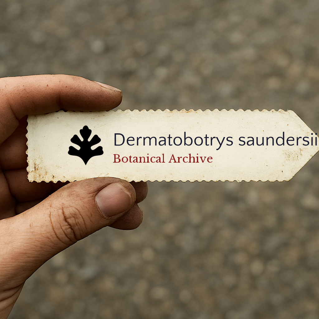 Printed plant label for Dermatobotrys saundersii held by hand outdoors