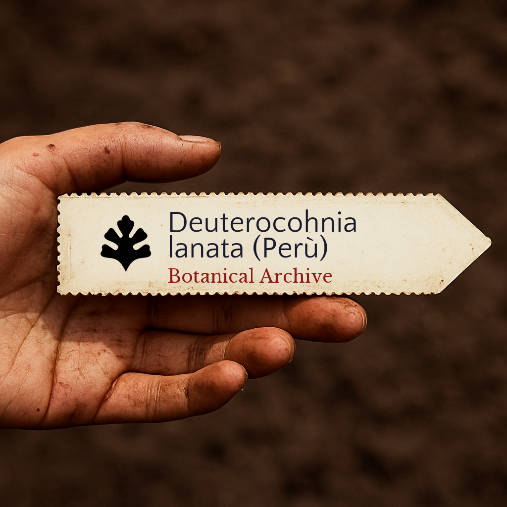 Etichetta stampata per pianta di Deuterocohnia lanata tenuta in mano su sfondo di terra