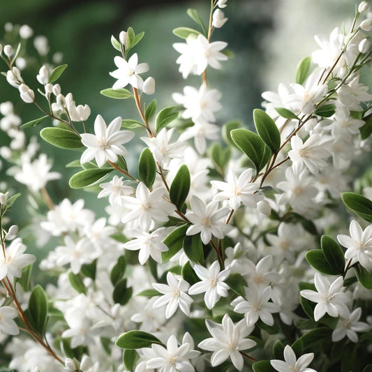 Deutzia gracilis delicate white star-shaped flowers with small green leaves on slender branches