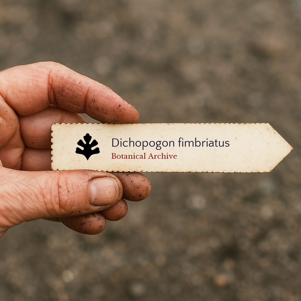 Printed plant label for Dichopogon fimbriatus held by dirty hand outdoors