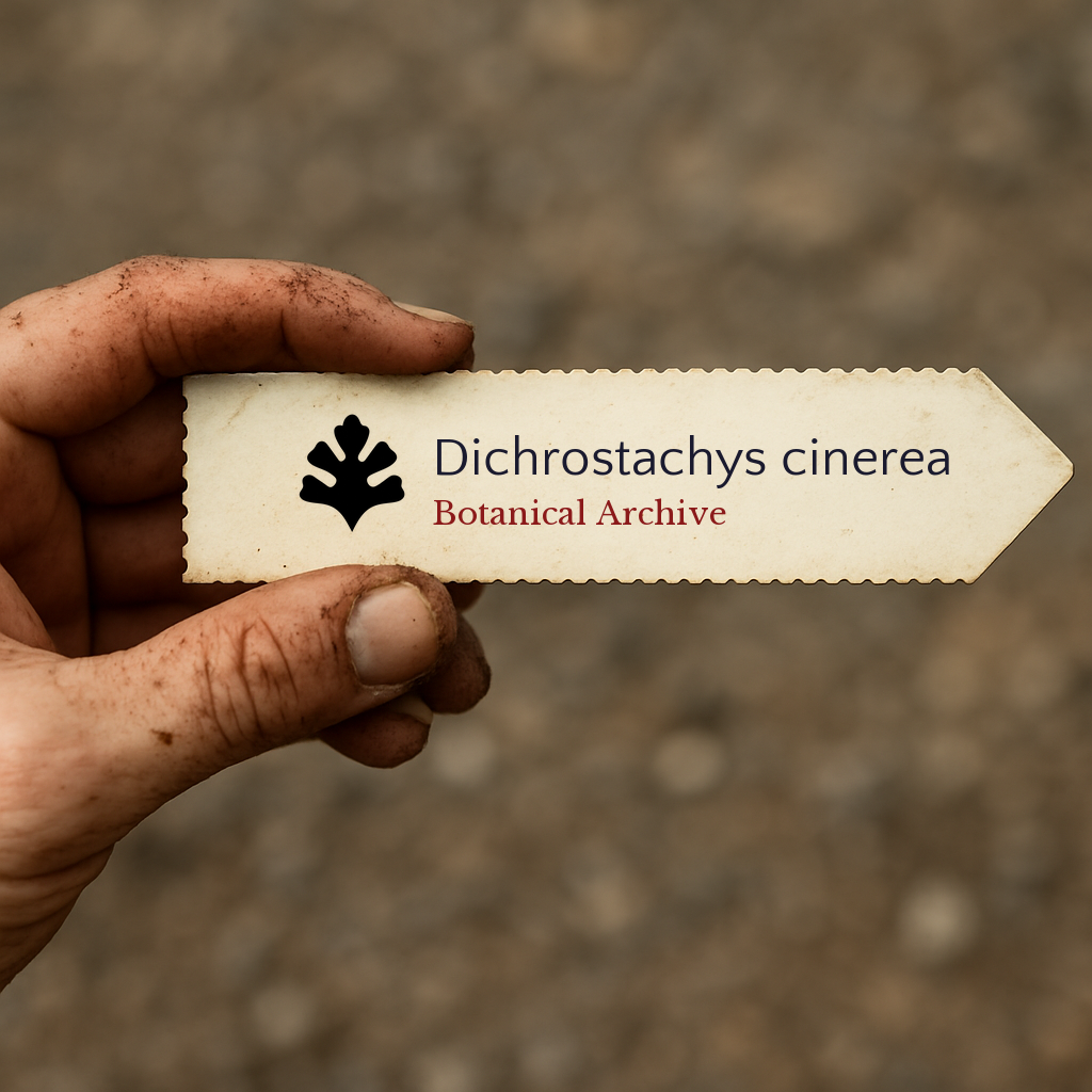 Printed plant label for Dichrostachys cinerea held by a dirty hand outdoors