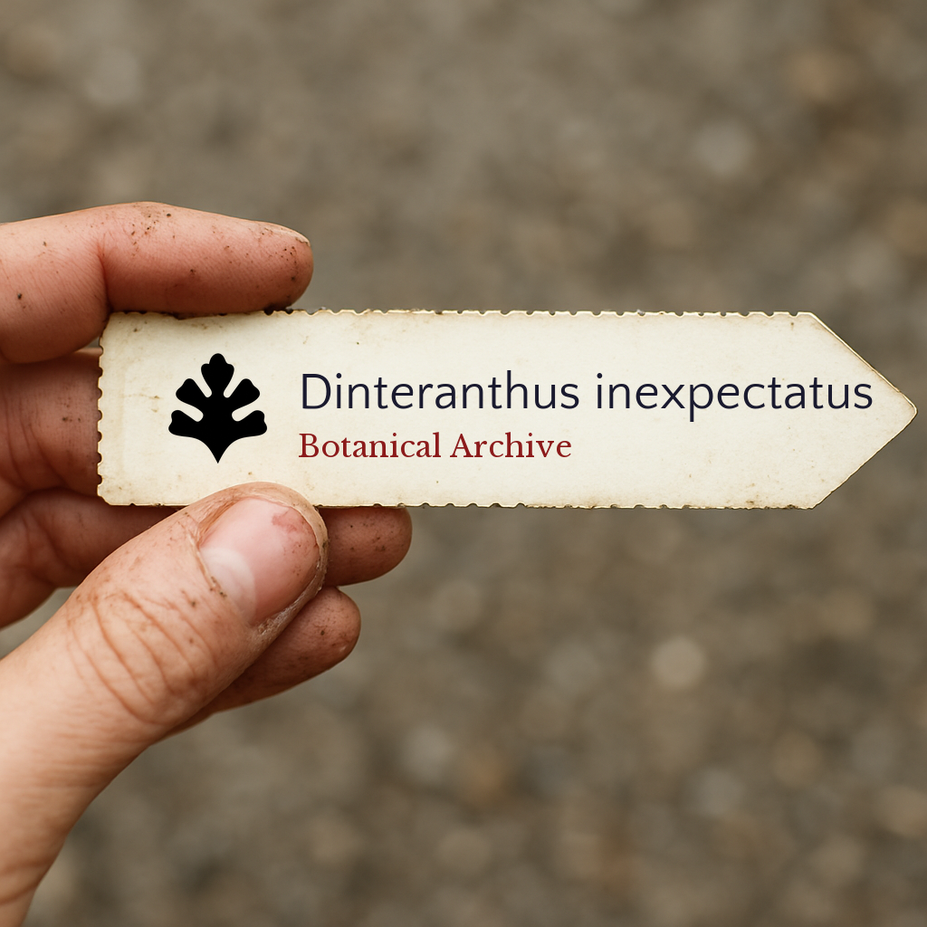 Printed plant label for Dinteranthus inexpectatus held by hand with dirt background