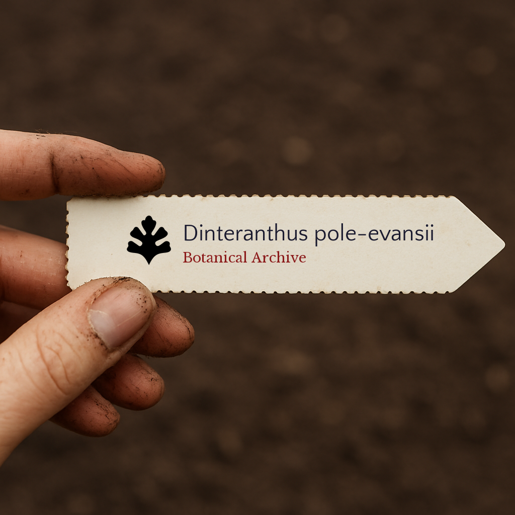 Printed plant label for Dinteranthus pole-evansii held by dirty hand over soil background