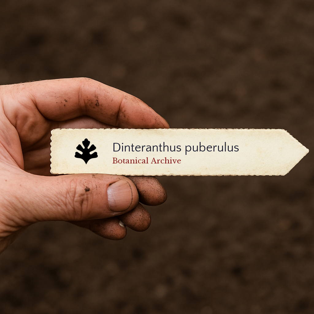 Etichetta botanica stampata per Dinteranthus puberulus tenuta in mano sporca su sfondo di terra